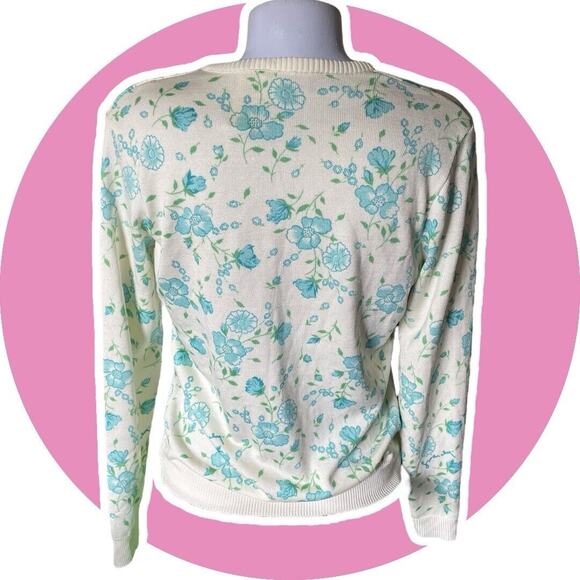 Givenchy Sport Vintage 70s Women’s Spring Cream Sweater Sz L Aqua Flower - Picture 8 of 11